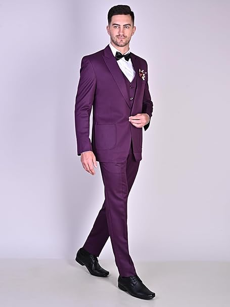 FINERFITS Mens Self Design Formal Three Piece Set Mens Wedding Suit, Suit for Engagement, Mens Suit for Office Wearing Suit for Mens Viscose Material All Season Suit (S, Purple 198) gallery image