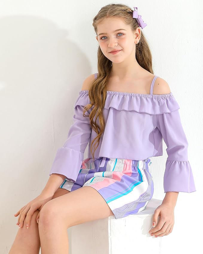 Girls Summer Clothes 2 Piece Cute Outfits Kids Boho Floral Print Long Sleeve Crop Top Shorts Clothing Set gallery image